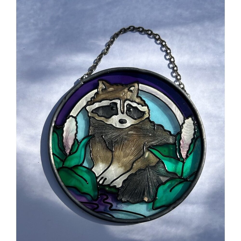 Vintage Raccoon Stained Glass Suncatcher Nature 3.5” Outdoor Home Decor Hanging - Picture 2 of 7